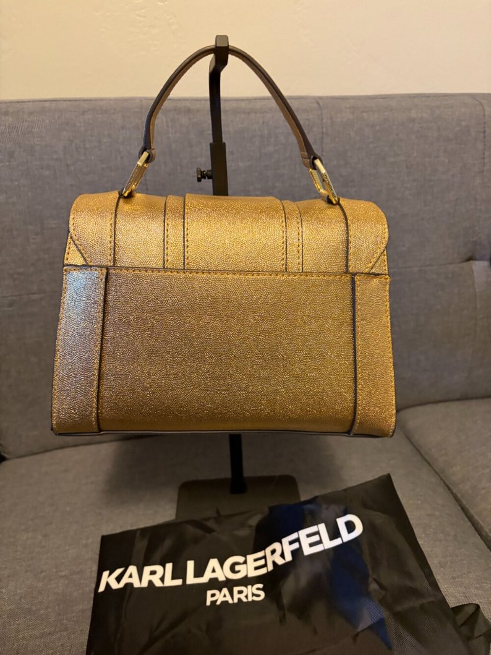 Karl Lagerfeld Paris Gold Satchel Top Handle Metallic Bag NWOT Strap Dust Bag - Picture 3 of 9